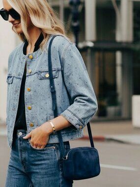 Rare Vintage Katherine Hamnett Rhinestone Studded Collarless Denim Jacket Size L